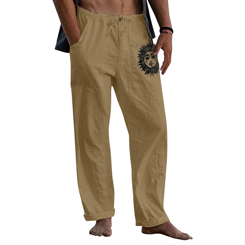 Men's Casual Loose And Comfortable Casual Pants Cotton Linen Printed Drawstring Trousers