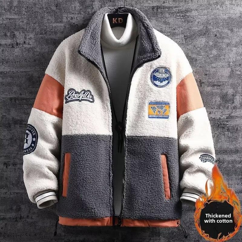 Pánská zimní bunda z jehněčí kůže: Trendy v korejském stylu, ležérní a volného střihu s tlustým polárním fleecem plus samet.