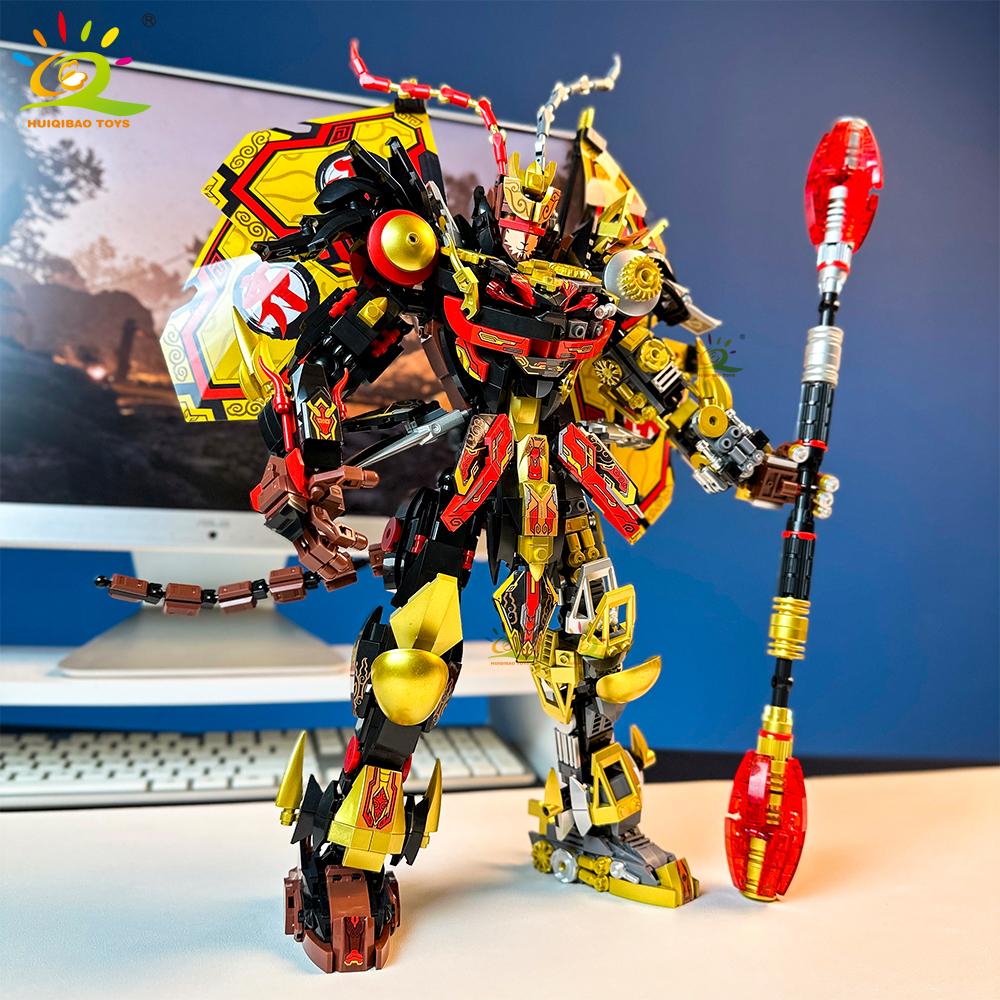 HUIQIBAO Black SunWuKong Warrior Mech Robot Building Blocks MOC Action Figure Brick Children City Construction Display Toys