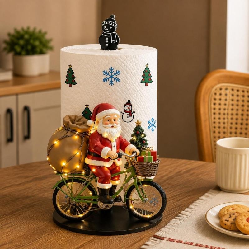 Clear Acrylic Santa Riding a Bike Paper Towel Stand, Integrated No-Assembly Construction with Colorful Christmas Artwork for Dining Tables and Party