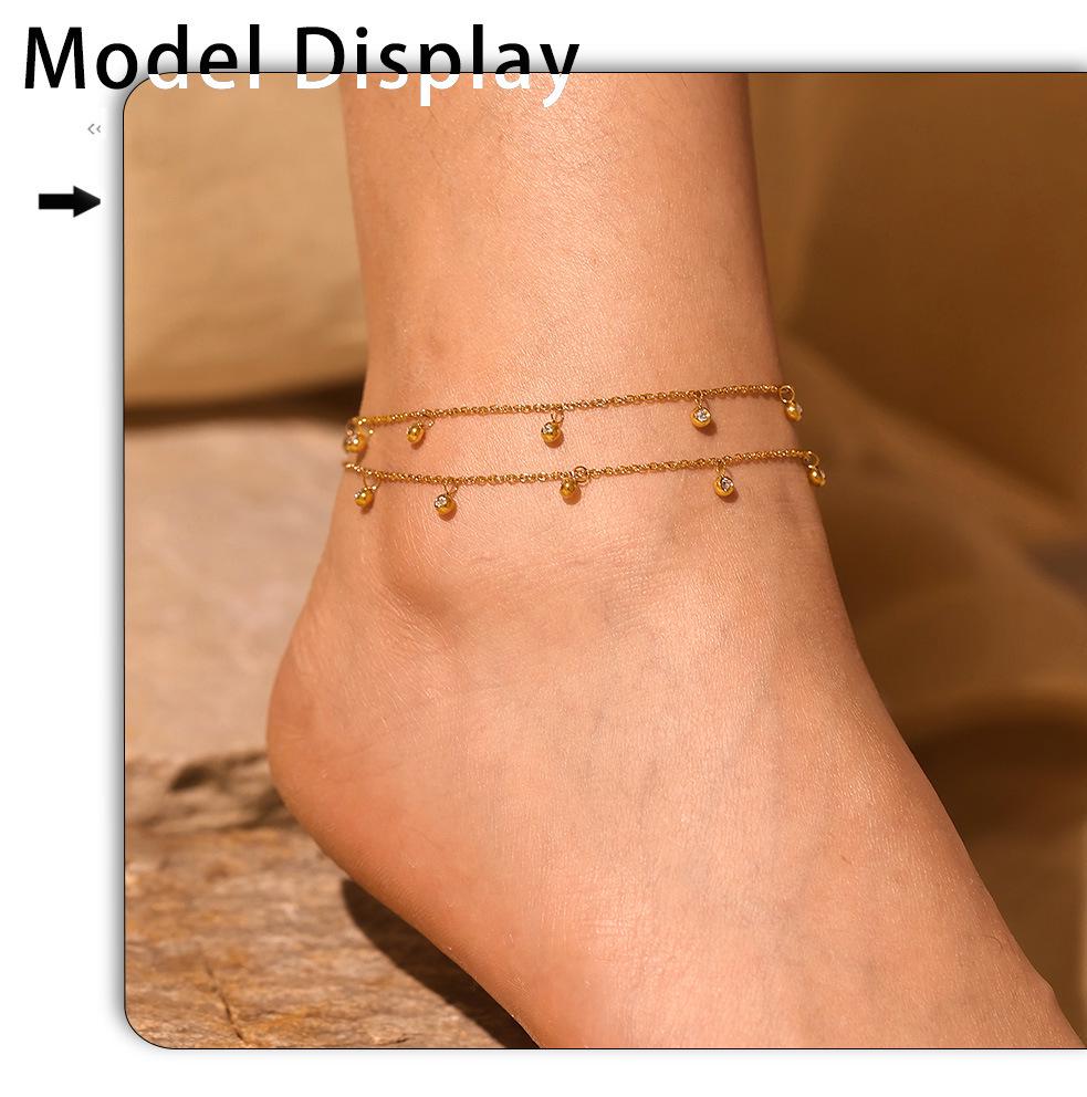 Qiong Yao Stainless Steel Zircon Anklet - Round Bead Light Luxury Foot Chain Accessory