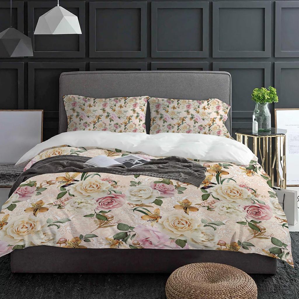 Blumen Blätter Vintage 3-teiliges Bettwäscheset für Doppelbett Heimtextil Bettbezug Steppdeckenbezug Kissenbezug