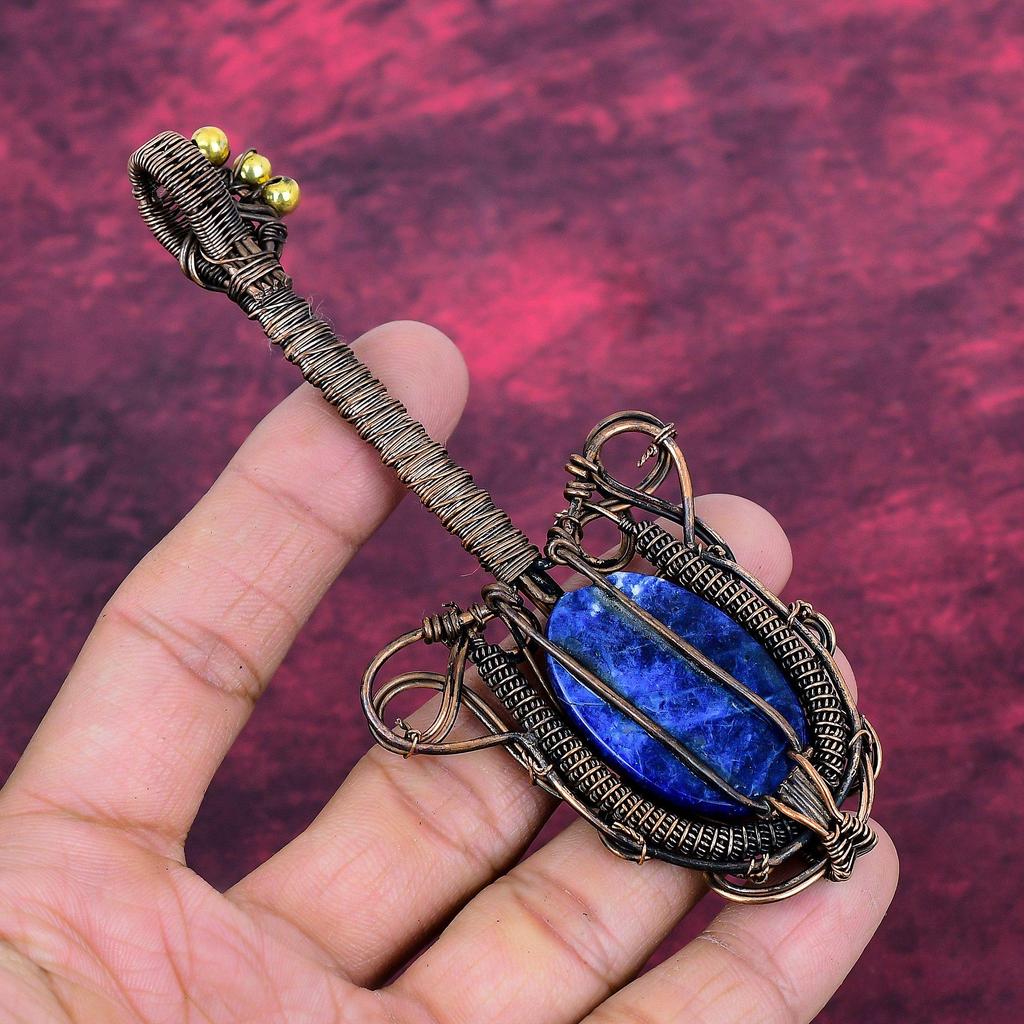 Sodalite Gemstone Pendant Handmade Guitar Pendant Copper Wire Wrapped Jewelry