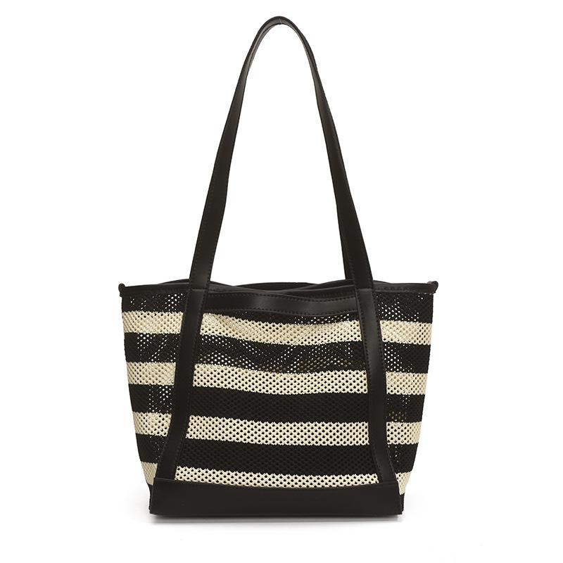 2025 new straw tote bag black and white striped holiday women's bag large capacity beach bag woven portable shoulder bag