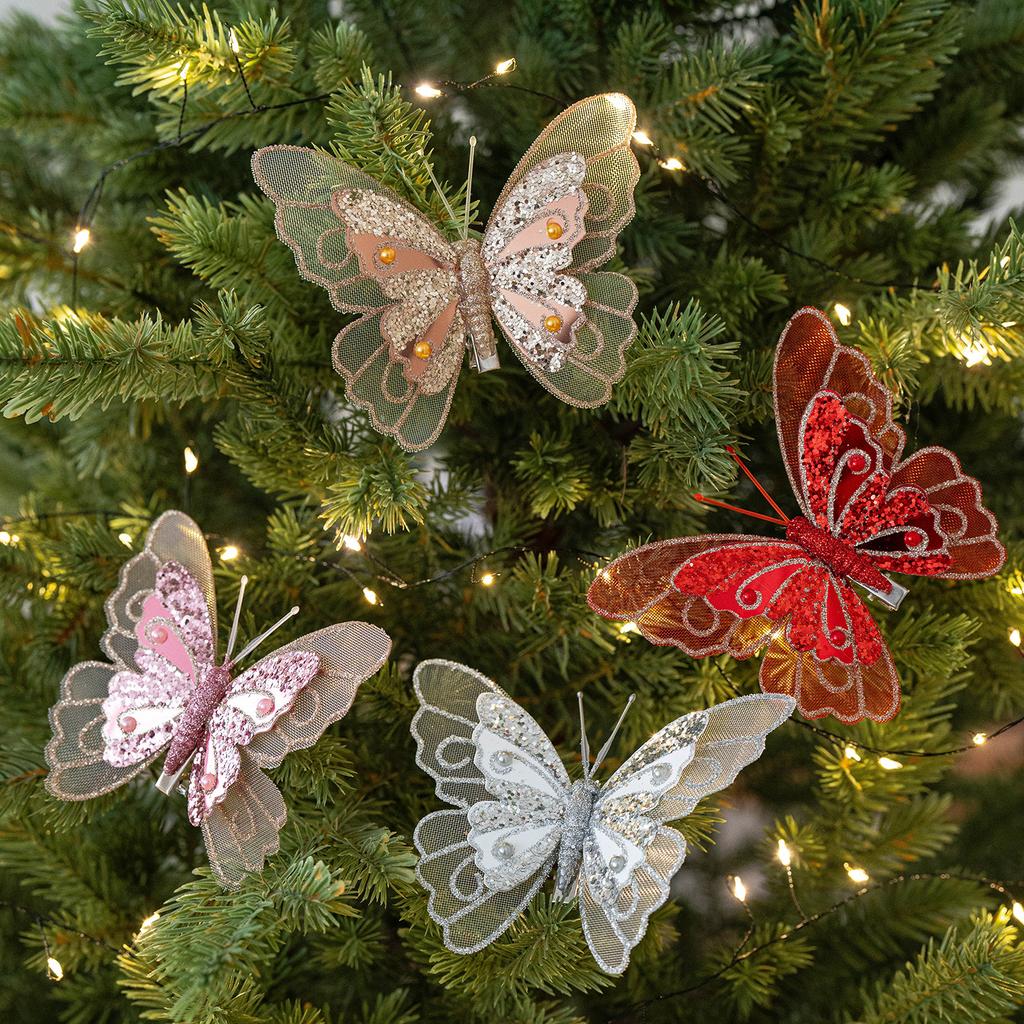 3PCS simulation double layer sequin feather butterfly pendant Christmas tree decoration pendant combination set  embellishment