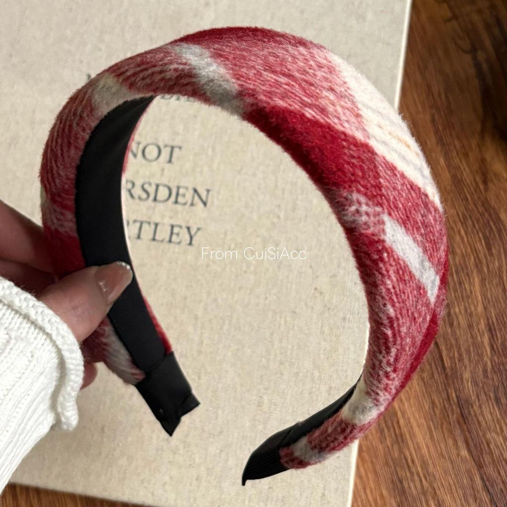 Women's Red Plaid Wool Wide-Brimmed Headband - Perfect for Christmas & New Year Outings