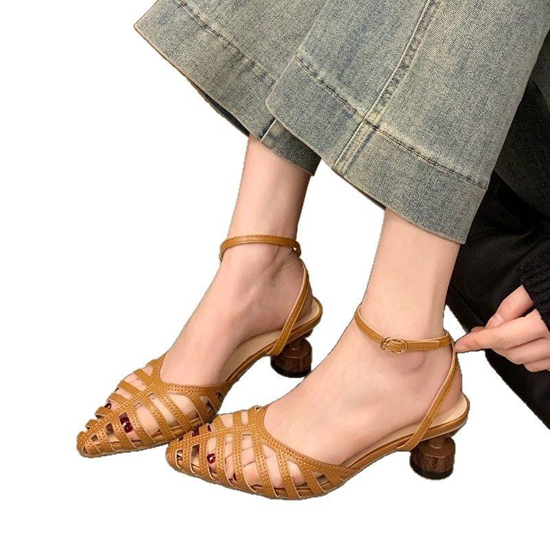 Spring and summer new temperament literary and retro pointed low thick heel sandals women's shoes summer
