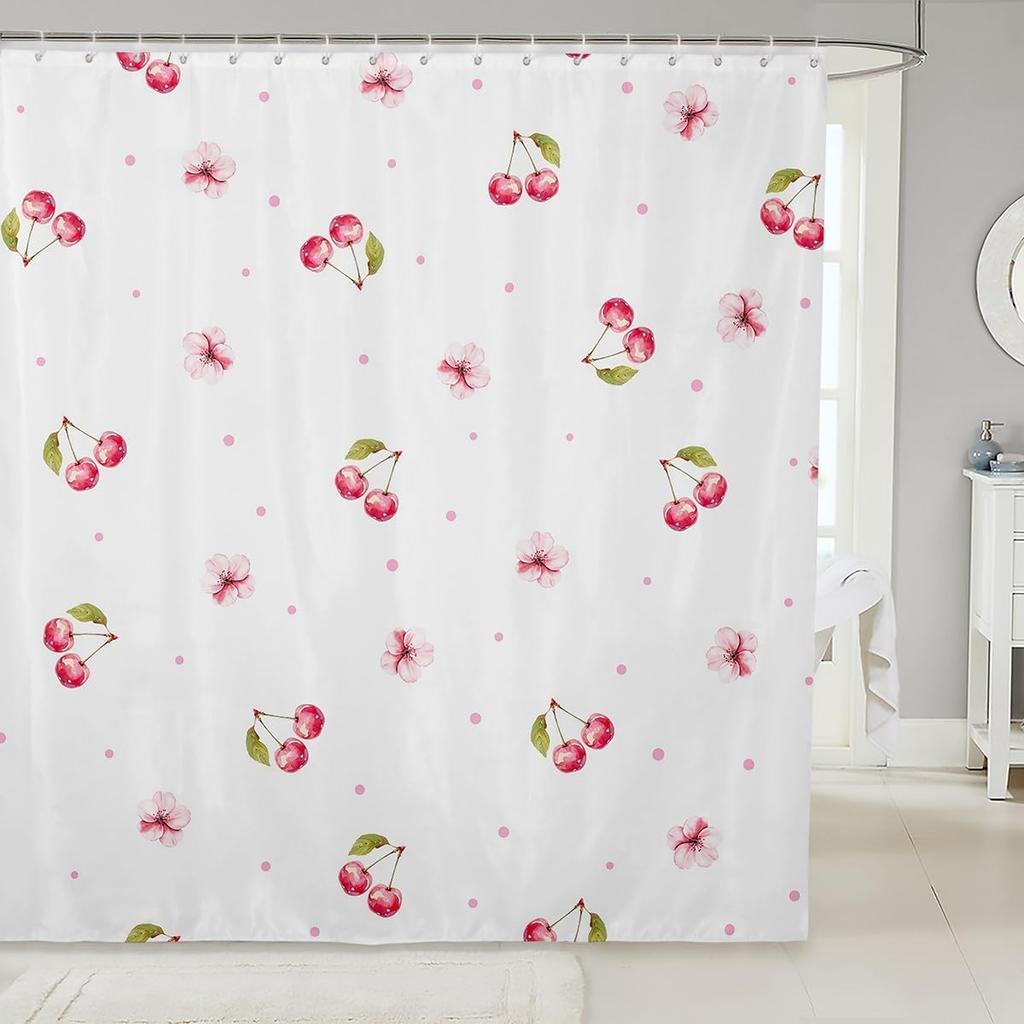 Kids Cherry Bathroom Shower Curtain Set Cherry Pattern Shower Curtain Boys Girls Cute Fruit Bath Curtain for Cartoon Fruit
