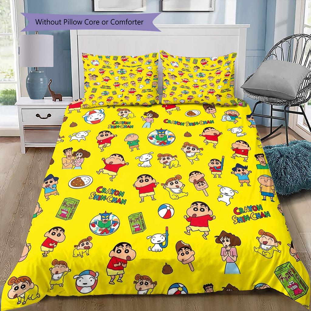 Crayon Shinchan Muster Bettwäsche Bettdecke Set Bettbezug Kissenbezug Zuhause Geburtstagsgeschenk(1 Bettbezug + 2 Kissenbezüge, ohne Füllung)