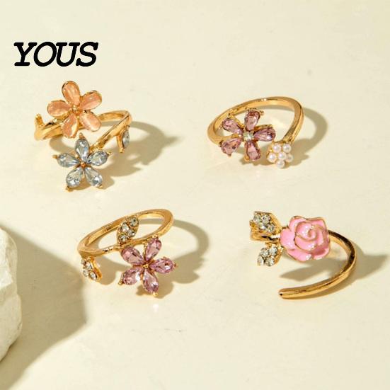 Corrosion Resistant Ring 4Pcs/Set Adjustable Set, Pink Flower Multi-Petal Design Finger Girly Ring, Stackable Multi-piece Set for Jewelry Gift