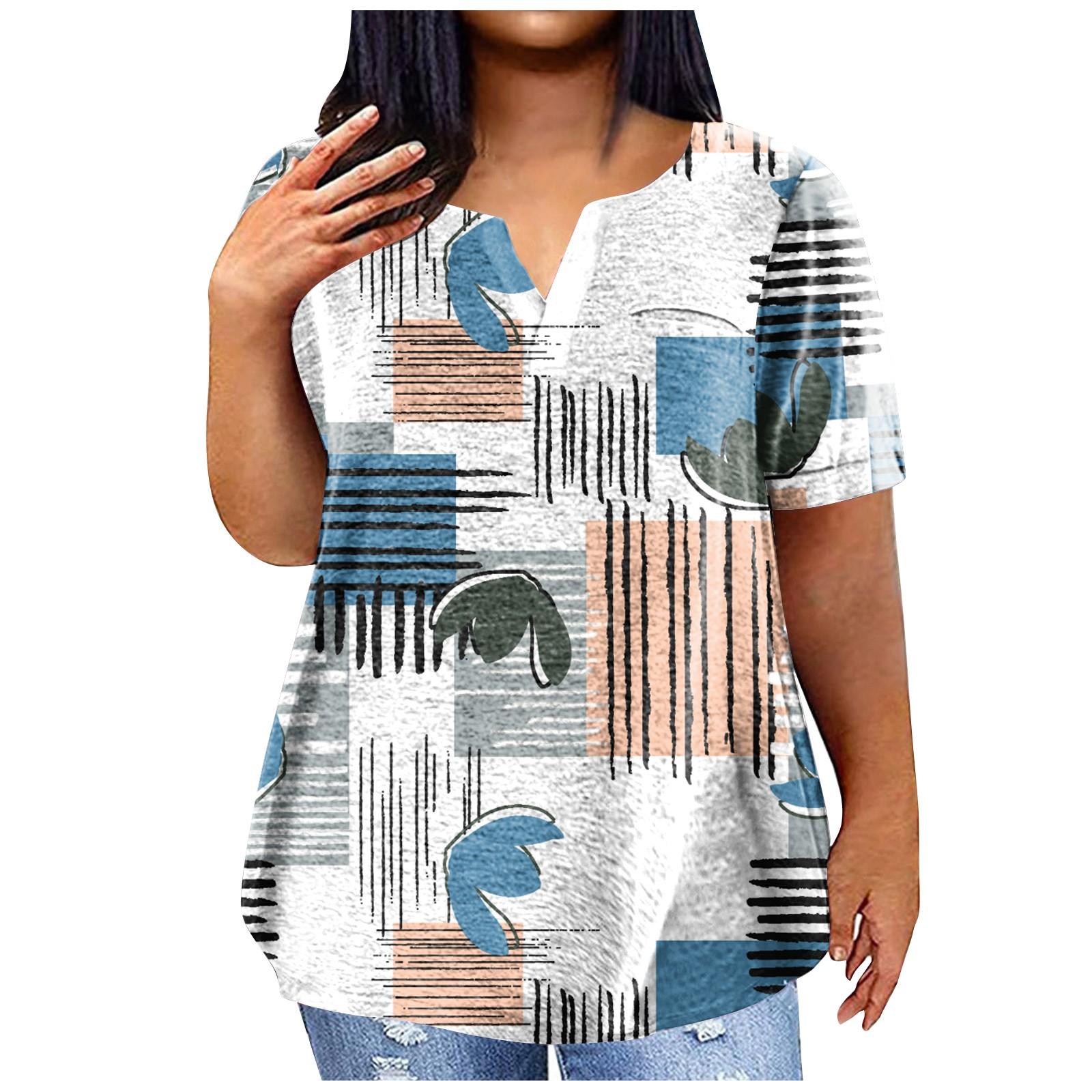 

Women s Large T-shirt Summer Casual Print V-neck Short Sleeve Pocket Top XL