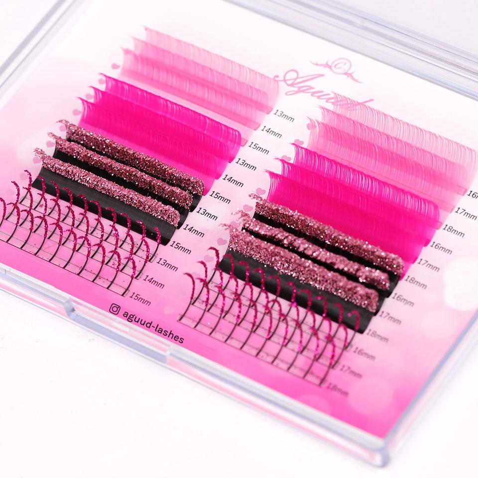 AGUUD 24 Rows Mix Color Glitter Eyelash Extension Red Blue Silver Colored Faux Mink Lash Shiny Glitter Spike Individual Eye Lash