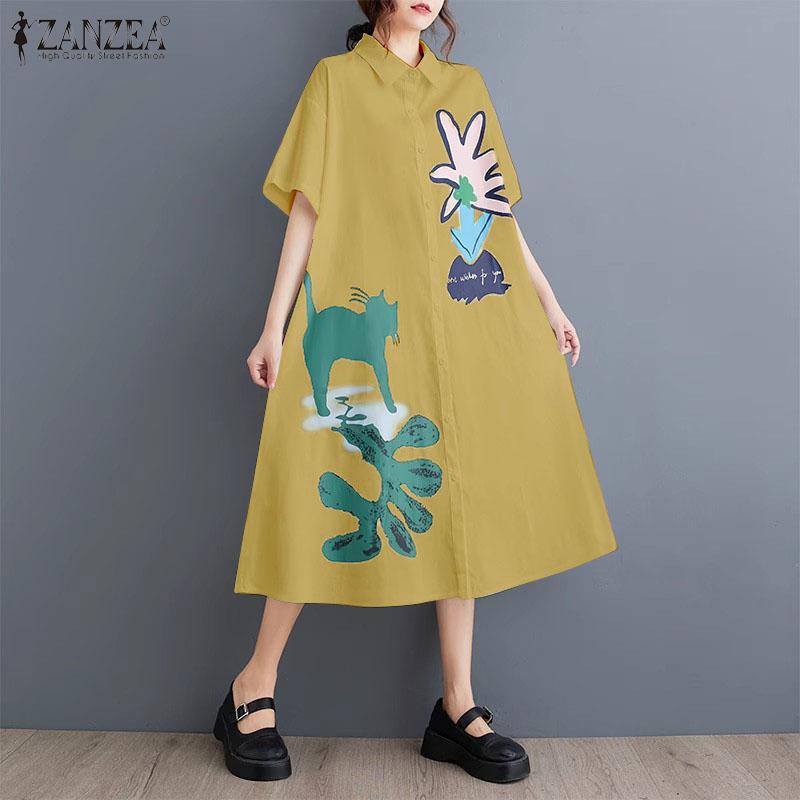 ZANZEA Women Fashion Shirt Collar Short Sleeve Printed A-Line Dresses