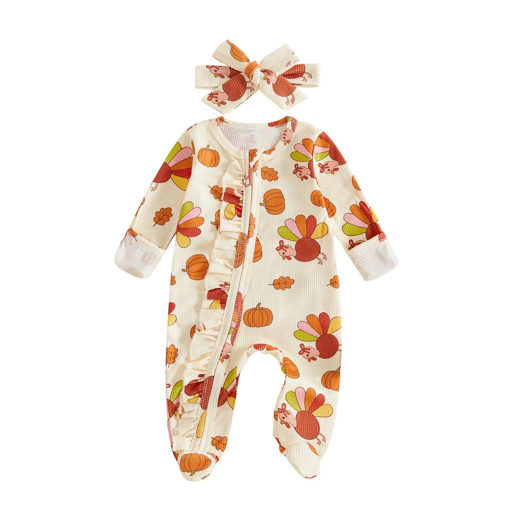 Citgeett Autumn Thanksgiving Day Newborn Baby Girl Outfits Long Sleeve Jumpsuit Headband Fall Clothes Set