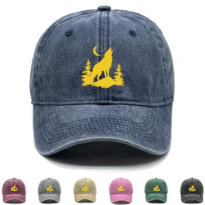 Golden Wolf Moon Print Snapback Sun Hat, Animal Flat Cap Fit Solid Color Sun Protection Adjustable Buckle Adjustable Baseball Hat