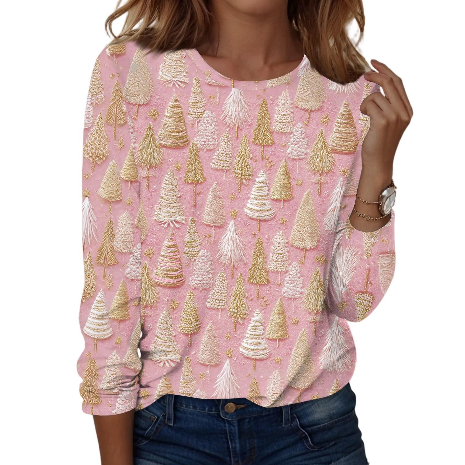 

Женская мода повседневный рождественский принт круглый вырез длинный рукав пуловер топ XXL