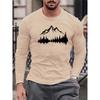 Spring and Autumn Round Neck 3D Mountain Reflection Pattern Printed Top Fashionable Casual Long Sleeved Men's T-shirts