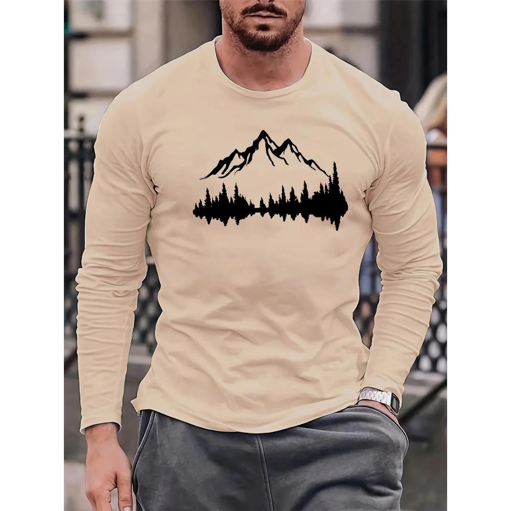 Spring and Autumn Round Neck 3D Mountain Reflection Pattern Printed Top Fashionable Casual Long Sleeved Men's T-shirts