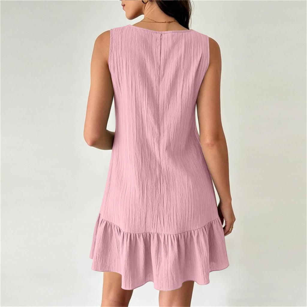 Ärmelloses Falten-Freizeitkleid mit Rüschensaum Knopfdetails Lockere Passform Sommerurlaubskleid für Damen