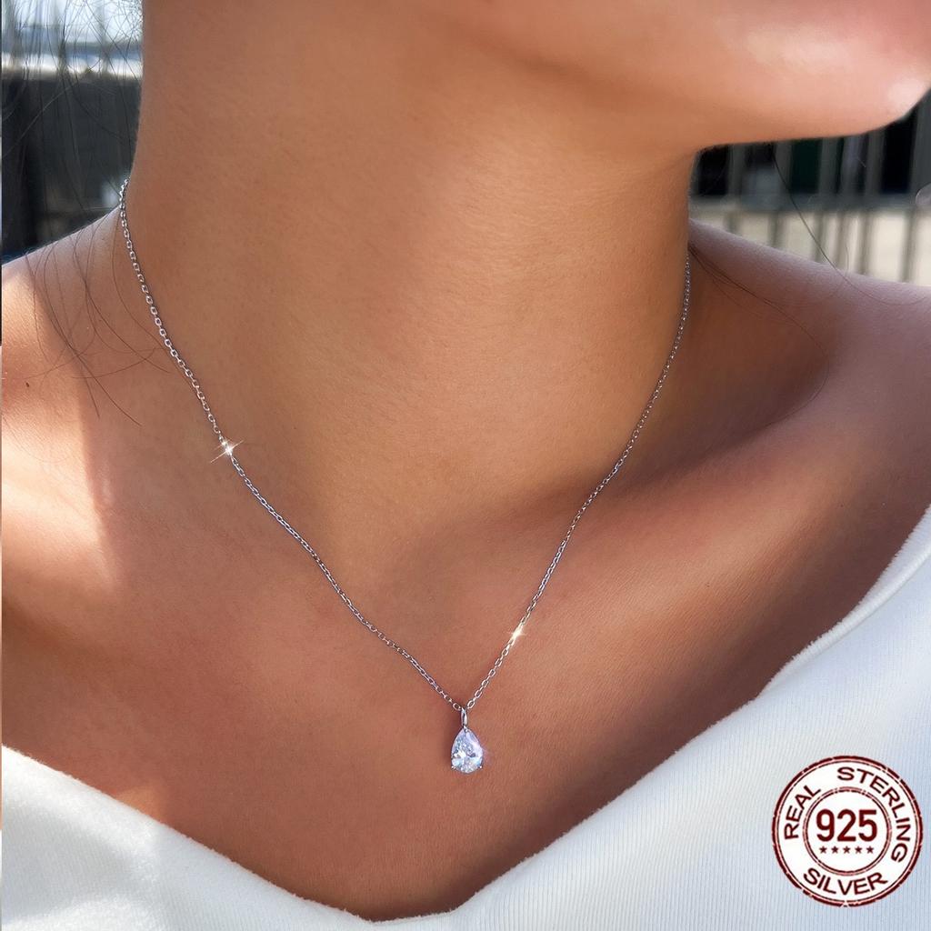 Classic Minimalist 925 Sterling Silver White Waterdrop Chain Pear Cut Single Zircon Pendant Necklace for Girl Daily Fine Jewelry
