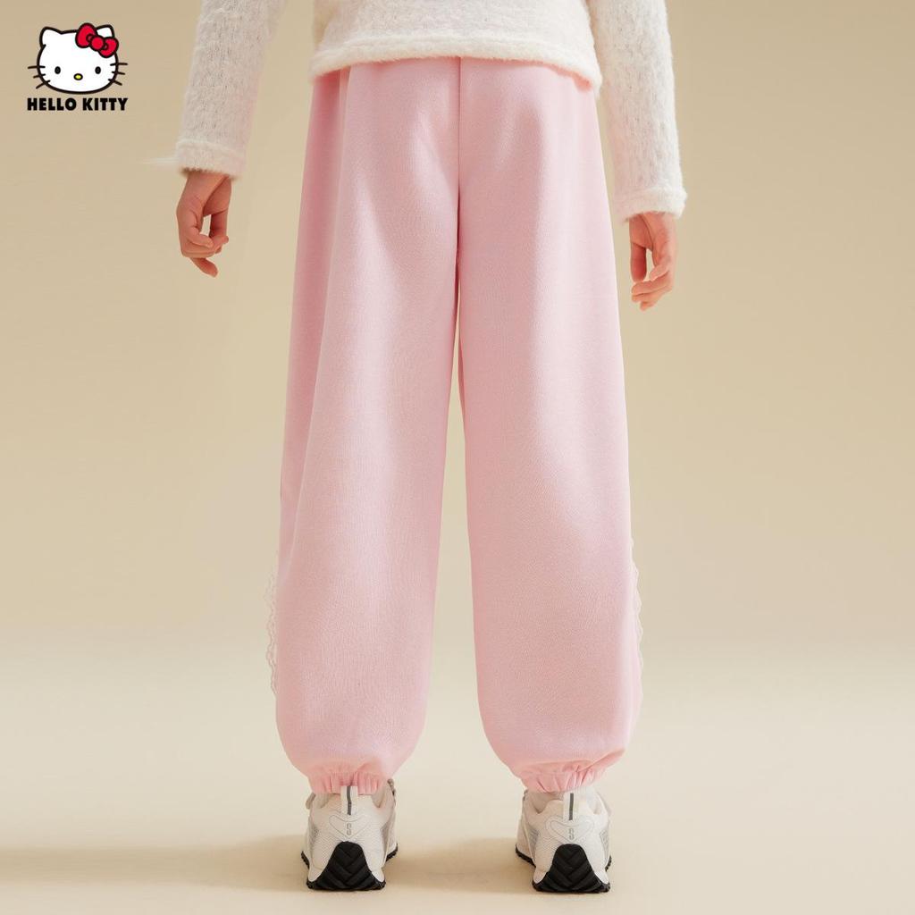 HelloKitty Girls' Autumn Color Block Lace Ribbon Patchwork Sweatpants - 2025 Sporty Casual Style