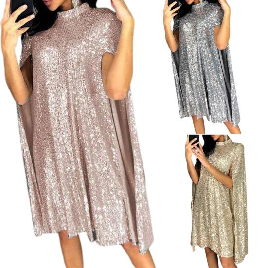 Lady Petticoats Übergröße Glitzer Partykleid Locker Rollkragen Pailletten Frühling Herbst Aushöhlen Damenkleid für Cocktail