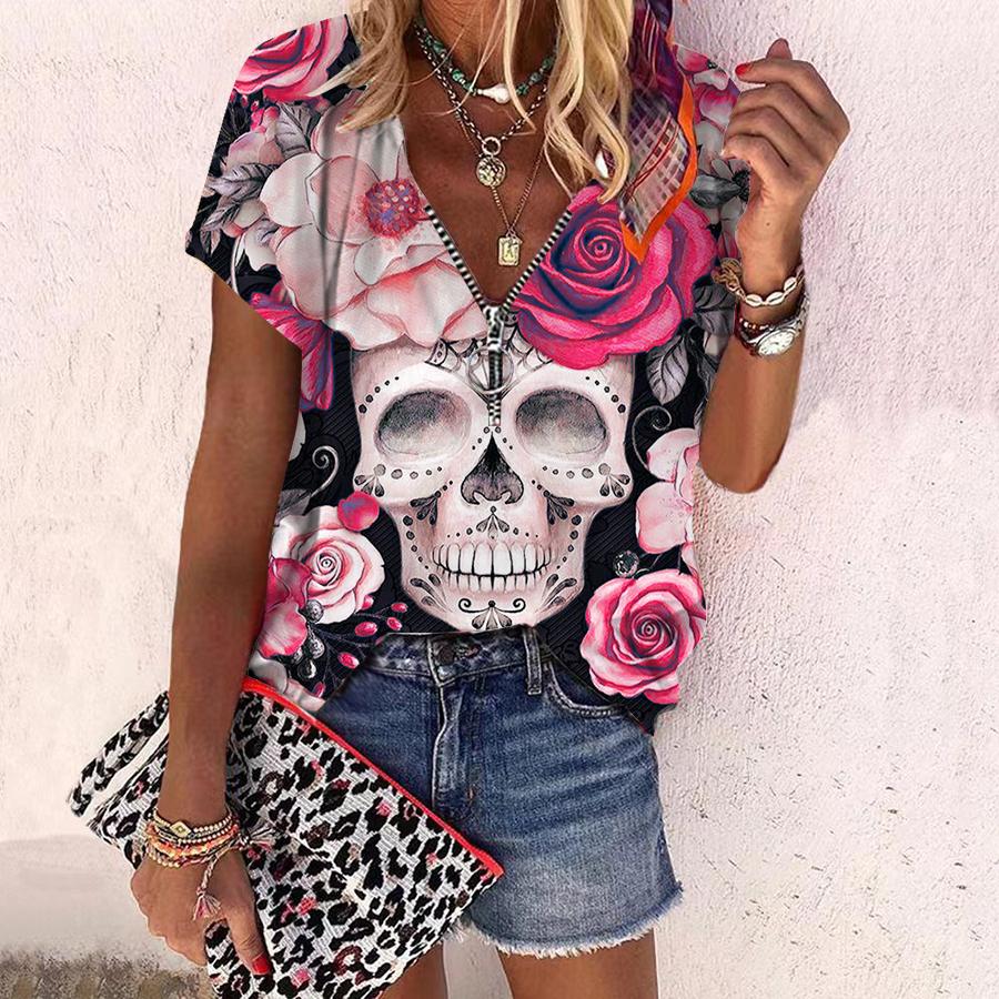 Γυναικείο Καλοκαίρι Νέο Μόδα Τριαντάφυλλο Κρανίο και τριαντάφυλλα εμπριμέ με φερμουάρ με λαιμόκοψη V με κοντό μανίκι