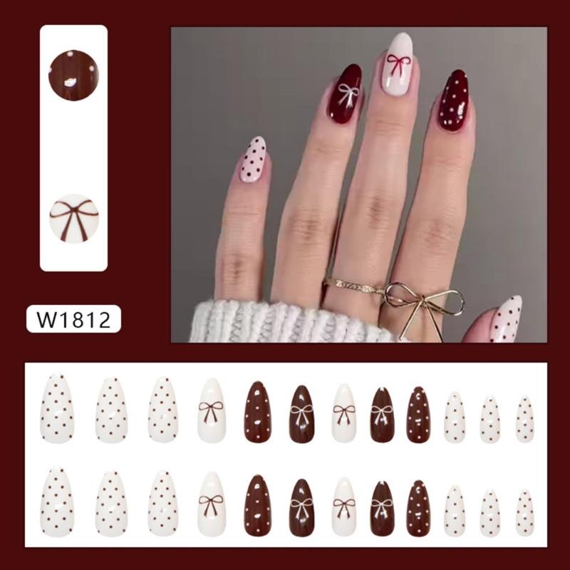 1 Set Almond Press on Nail Acrylic Nail Accesories with Bows and Dot Designs Stick on Nail Valentine's Day Nail Art