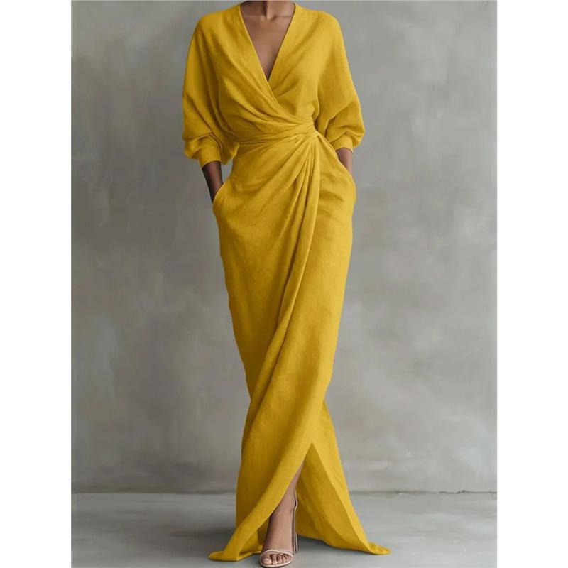 YYFS Mode femme été printemps couleur unie imprimé manches 3/4 col en v taille haute robes décontractées