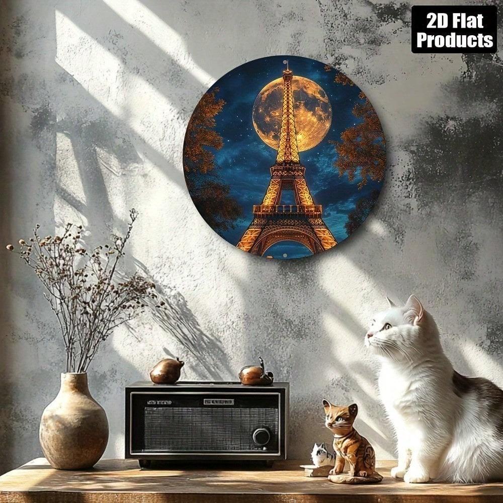 Vintage Paris Eiffel Tower Moonlit Night Round Metal Plaque 8x8 Inch Rustproof Wall Art Living Room Decor