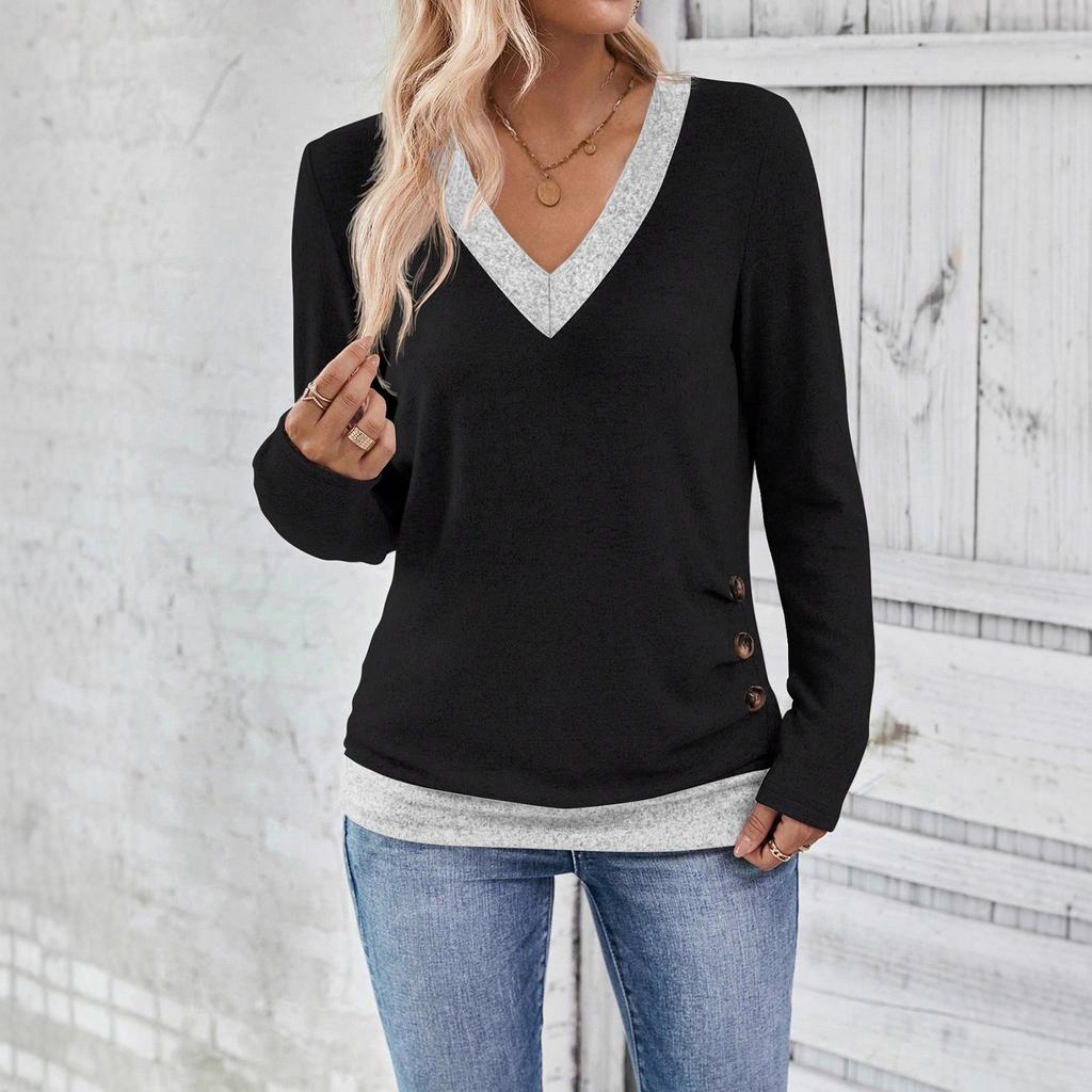 Women's Casual And Comfortable Three-button Color-blocked V-neck Long Sleeve