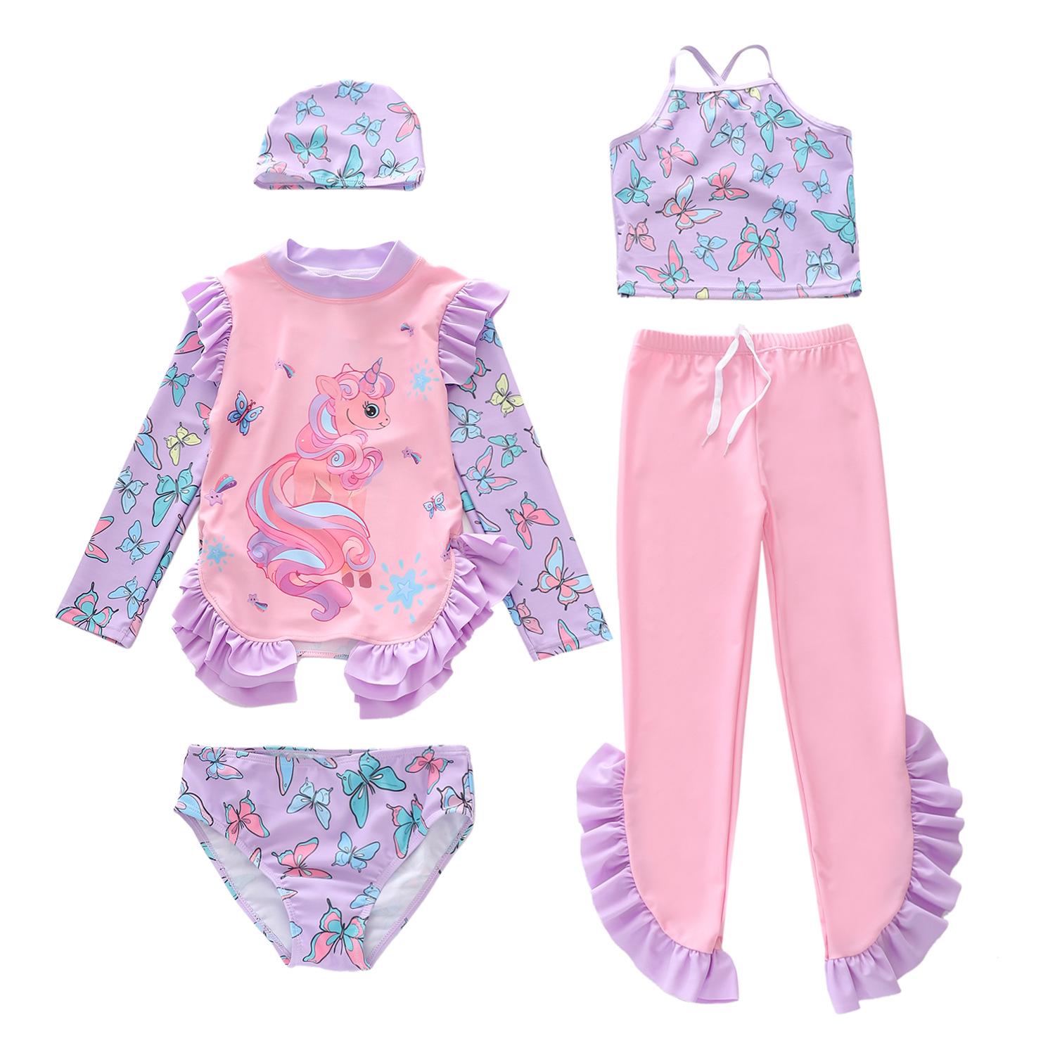 Girls  Ruffle Swimsuit - Small, Medium, Large - Split Long Sleeve & Pants with Sun Protection 5XL (140-150cm, 65-75 lbs)