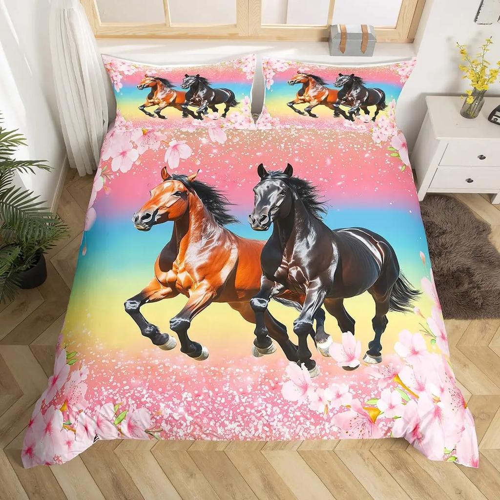 Pferde-Bettwäsche-Set für Mädchen Rustikales Bauernhofpferd Bettbezug Queen Rosa Kirschblüten-Deckenbezug Farbverlauf-Tagesdecke