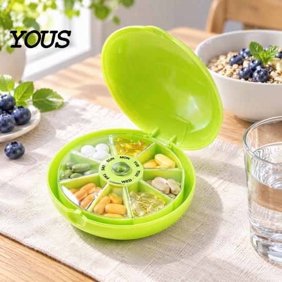 Weekly Medication Container Portable Pill Organizer, 7 Compartments Rotating Organizer Case, Moisture-Proof Dispenser for Daily Vitamin And