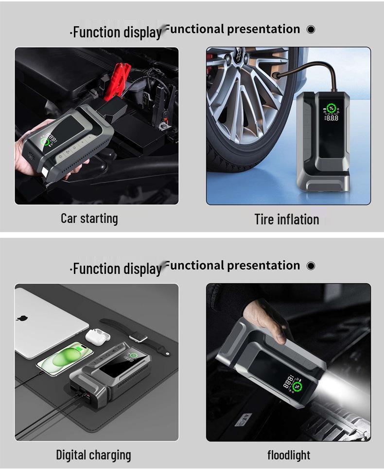 Portable 12V Car Jump Starter with Wireless Air Pump & Phone Charger