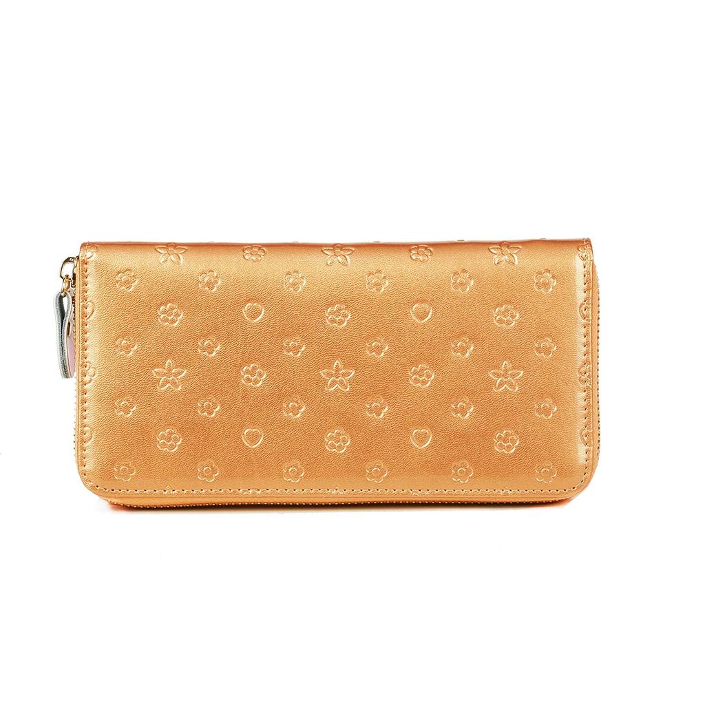 Fair Fairy Genuine Cowhide Leather Enamel Embossed Round Zipper Long Wallet 140817 Women's (Gold)
