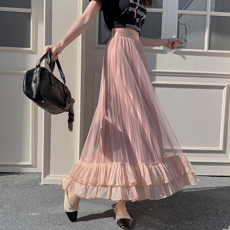 [MSFQSNB] skirt ladies tulle skirt pleated skirt waist elastic with pearl medium length body shape cover switching frills flared skirt fashion simple