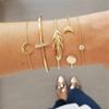 European & American Style Rhinestone Feather & Geometric Crescent Round Bracelet Set - 5 Pieces