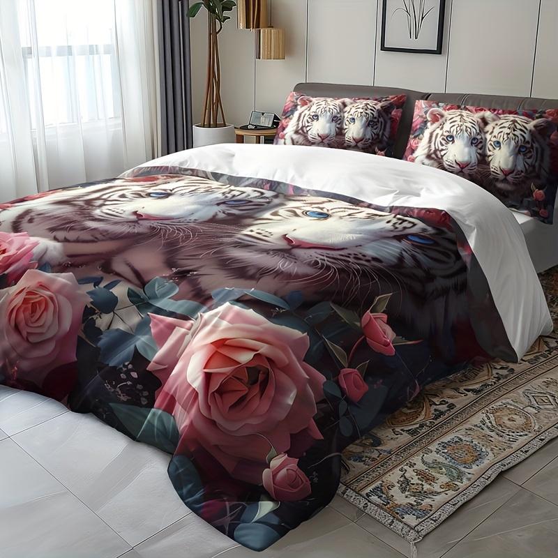 Couple Pink Tiger Rose Comfortable Quilt Cover Set 1 Comfortable Quilt Cover+2 Pilowcases Home Four Seasons Dormitory High-Definition Printing