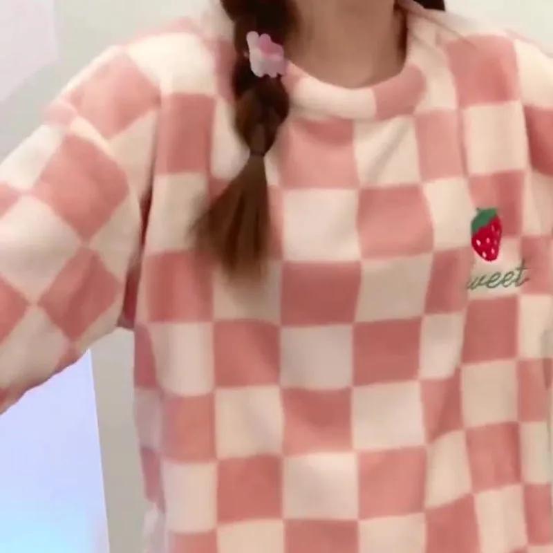 Thickened Warm Flannel Plus Size Lady Pajamas Set Long Sleeves Fall and Winter Sleepwear Women's Cartoon Bear Plaid Home Wear