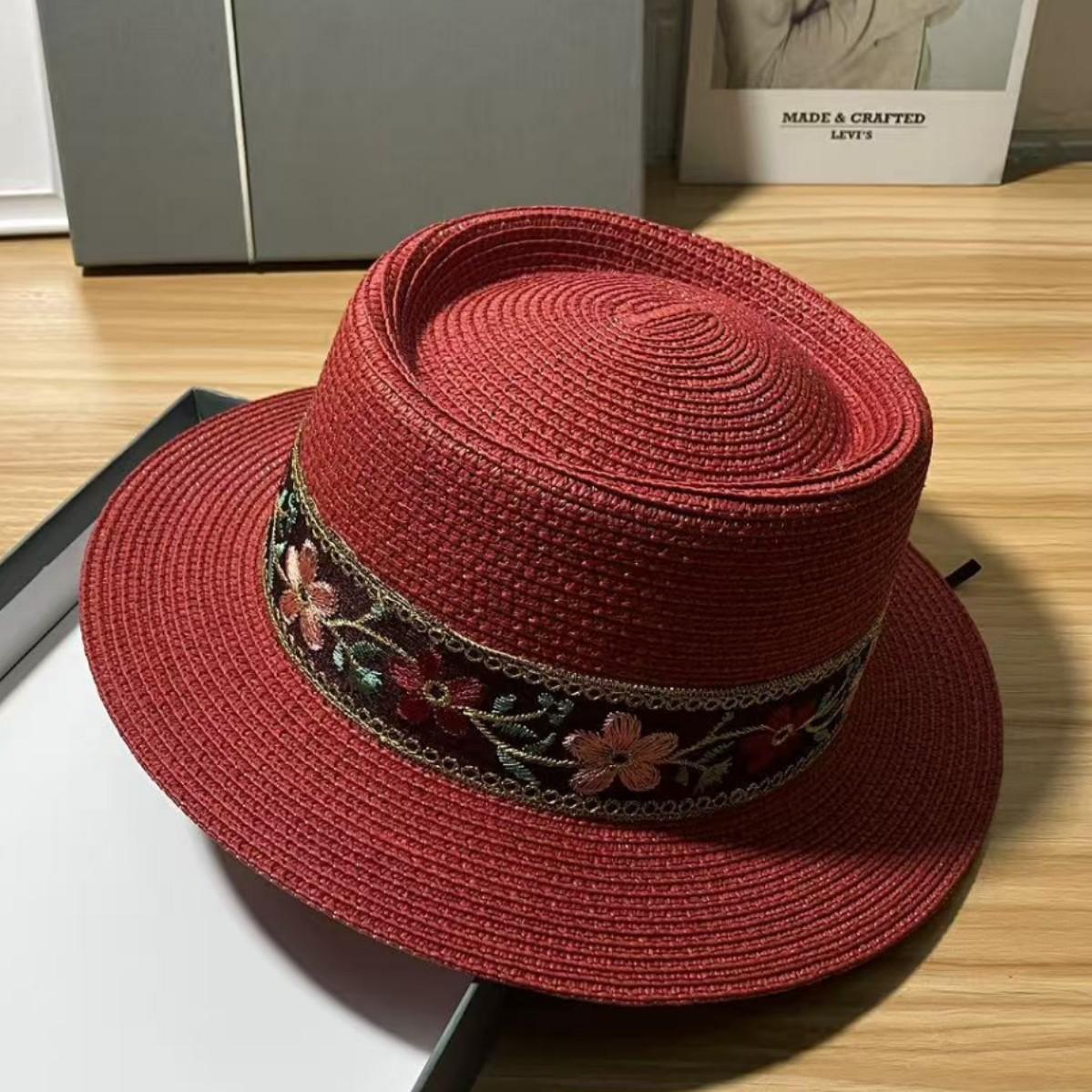 

Retro Ethnic Style Embroidery Flower Beach Hat Children Spring and Summer Pot Hat Top Hat Versatile Sunscreen Sunshade Travel M 56-58cm красный
