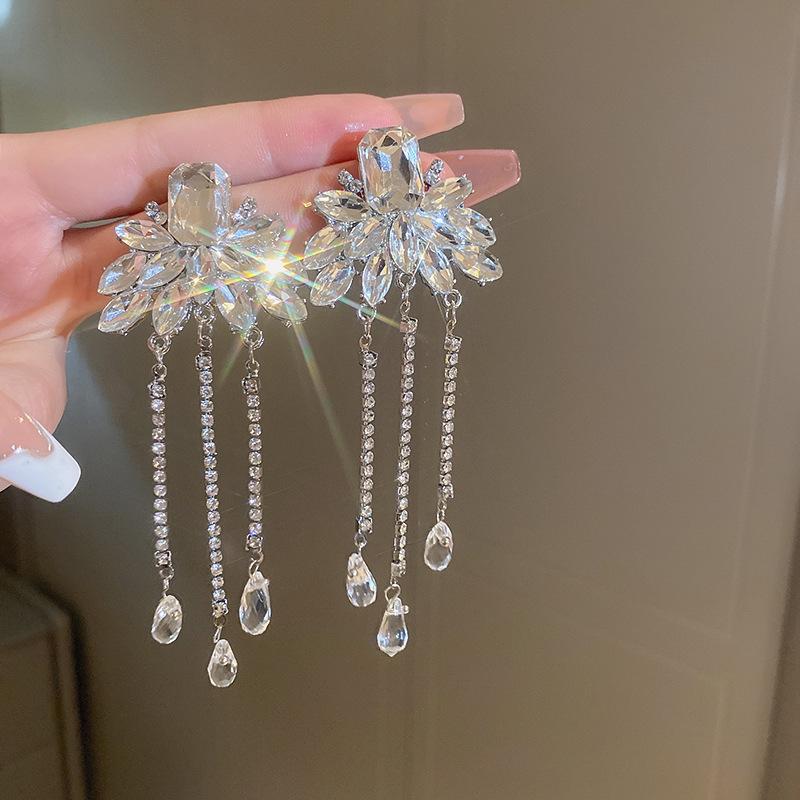 Silver Needle Rhinestone Floral Tassel Earrings - Elegant and Unique Fashion Jewelry for Women