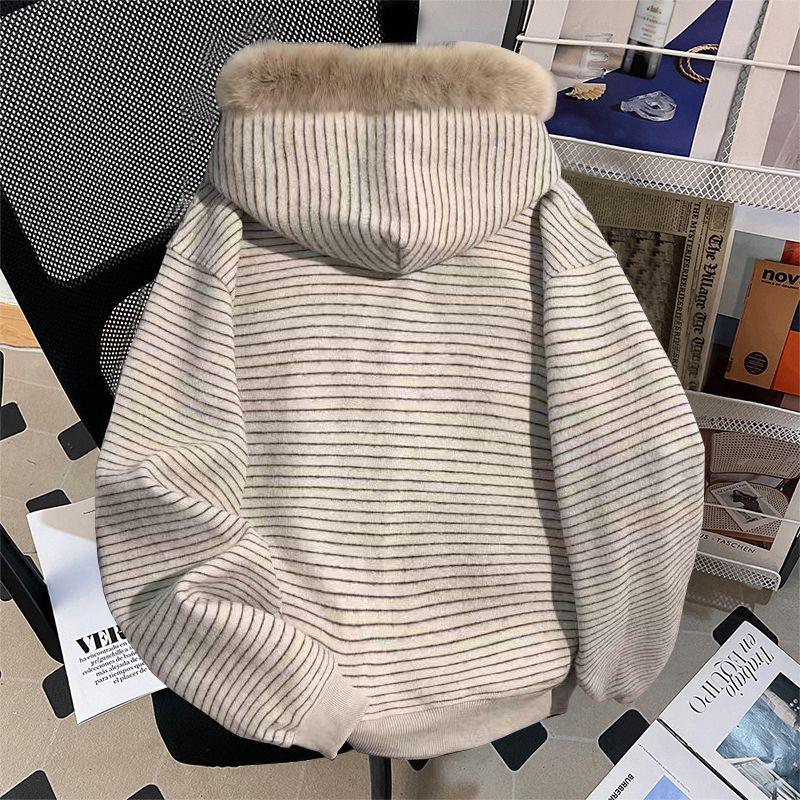Women's American Retro Striped Zipper Hoodie: Autumn/Winter Casual Loose-Fit Cardigan