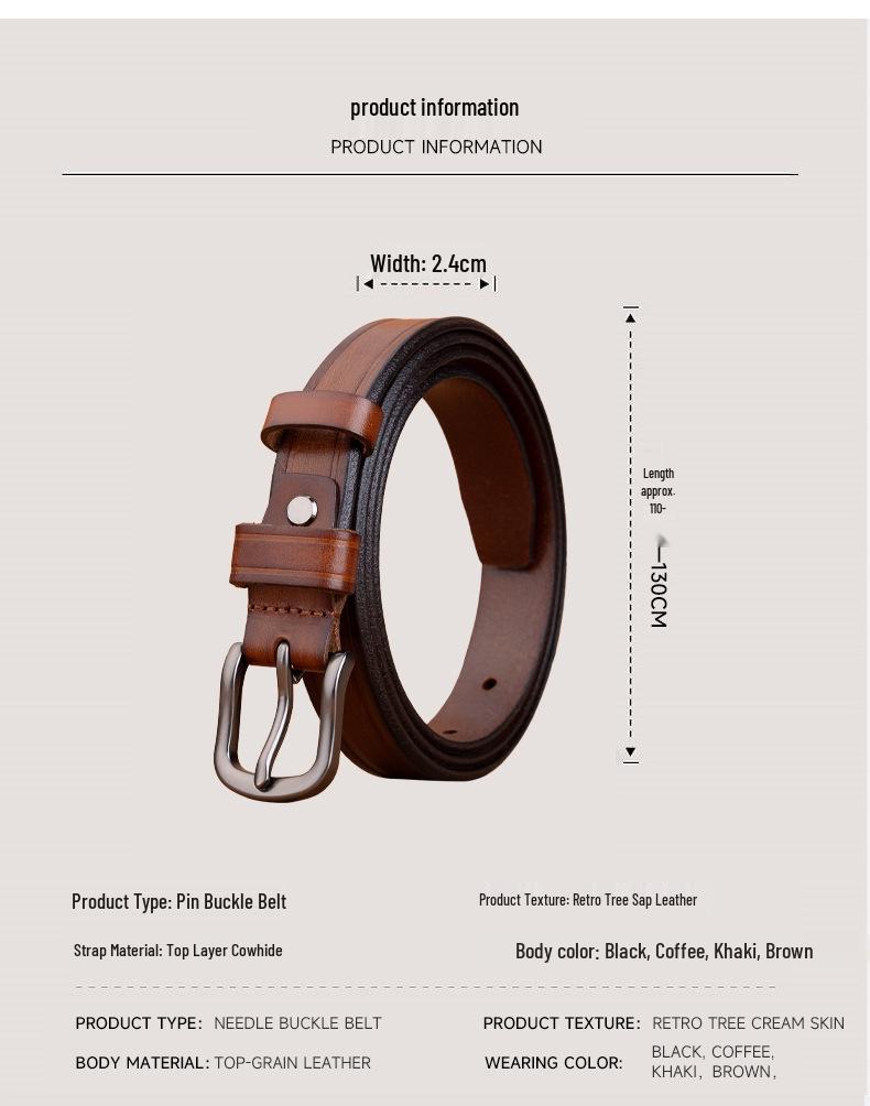 Women's Retro Genuine Leather Belt - Top Layer Cowhide with Pin Buckle, Versatile for Denim and Trousers.