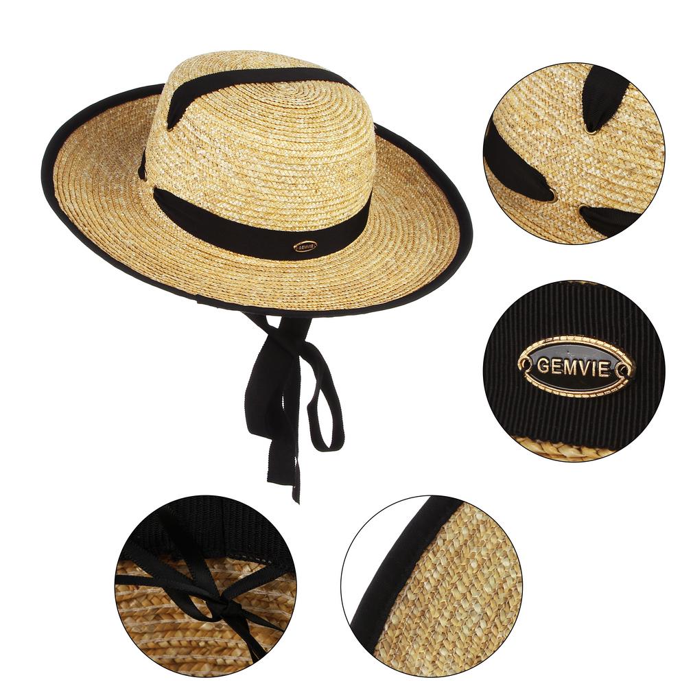 Women Straw Hat Black Ribbon Large Brim 