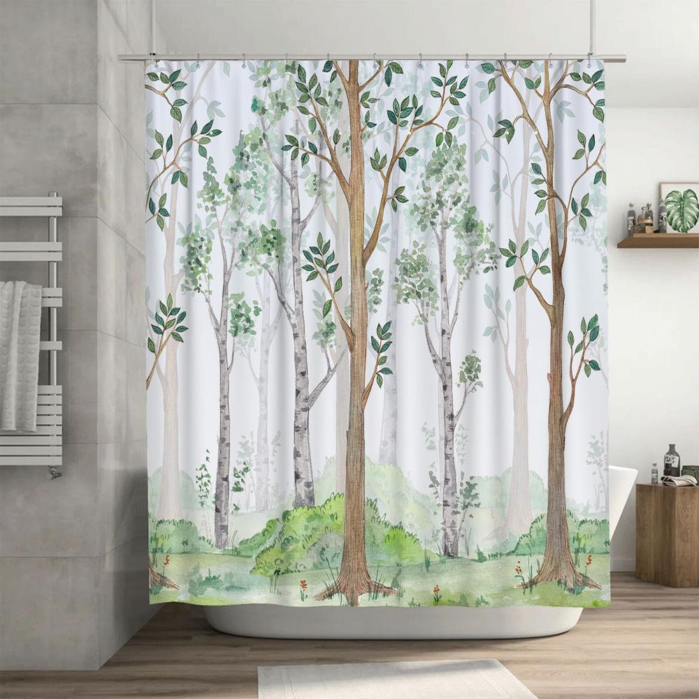 Nature-Inspired Bathroom Decor Shower Curtain Waterproof Fabric Trees Floral Design Greenery Decorative Home Decoration for Bath