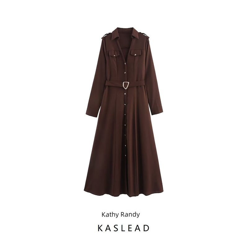 Kaslead New Women Clothes Western Style Fashion Simple V-neck Shirt Long Sleeve Dress