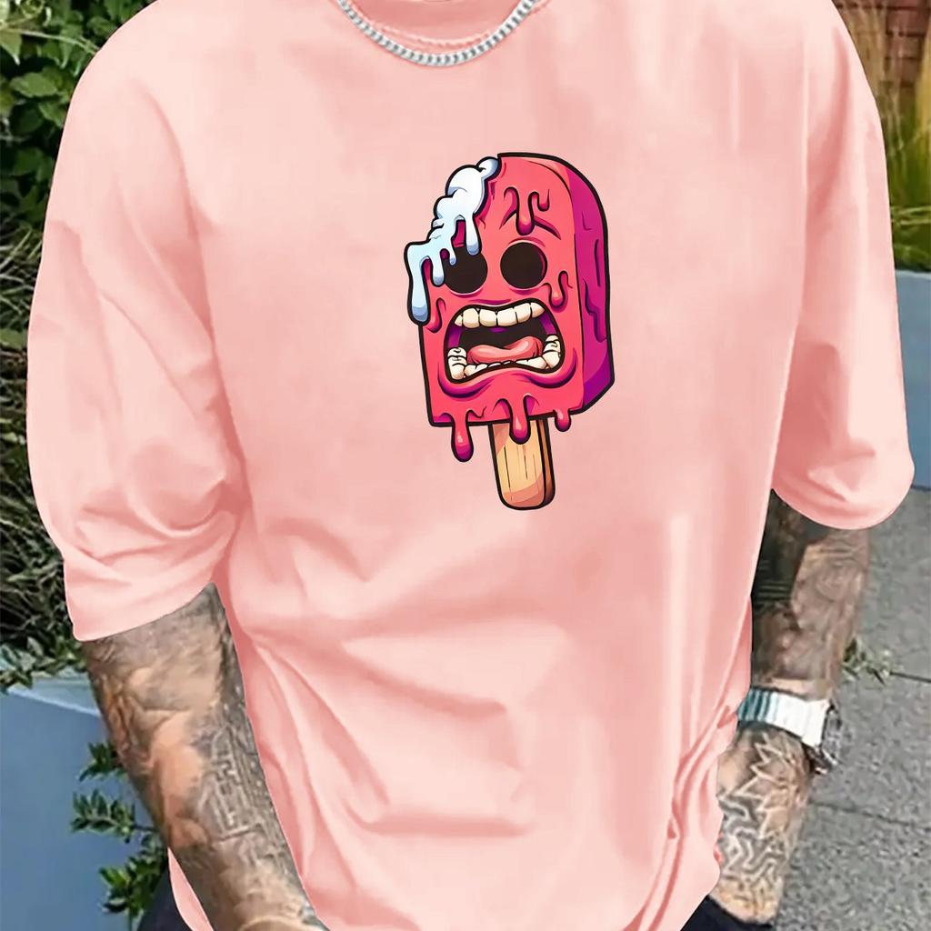 Men's Summer Cotton Fashionable Sports Loose Ice Cream Pattern Print Round Neck Short Sleeved T-shirt Top