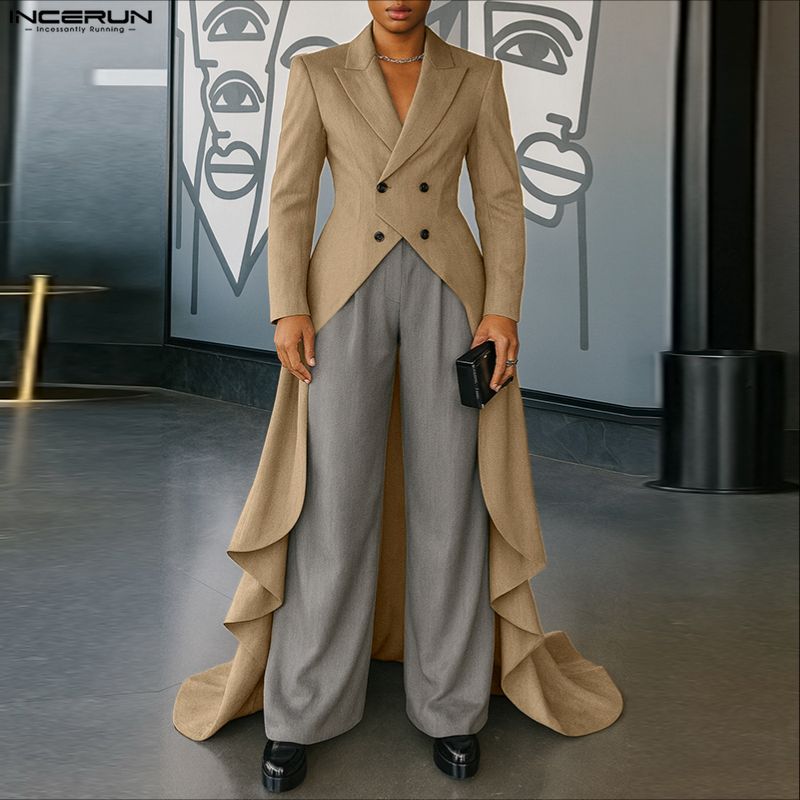 INCERUN Men Lapel Long Sleeve Irregular High Low Splits Ruffled Long Tunic Blazer Coats