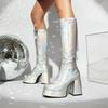 Metallic Silver Gold Microfiber Knee High Boots Women Chunky Heels Party Dress Lady Winter Zipper Plush Gogo Platform Long Boots